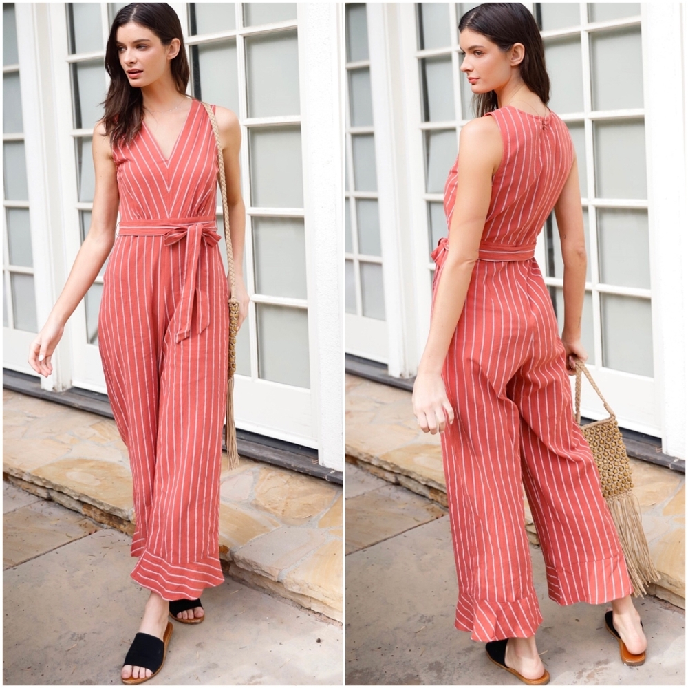 SUGAR + LIPS  Boho Chic Light Rust Striped Jumpsuit - Picture 4 of 9